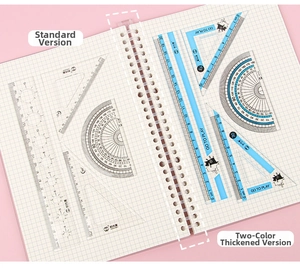Comparison of standard clear rulers and thicker dual-color geometry drawing set