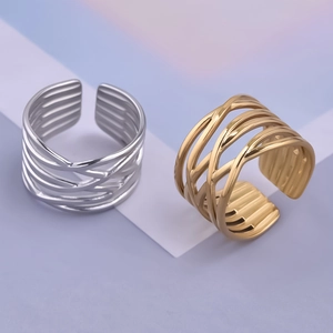 Minimalist 304 stainless steel open rings in gold and silver with woven hollow design