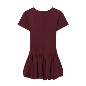 Fashionable burgundy short sleeve dress featuring a low-waist bubble hem design