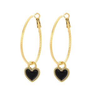 Gold spiral twist hoop earrings featuring black enamel heart charms for women