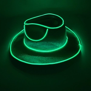 Detail of neon green EL wire glowing on black felt cowboy hat for party events