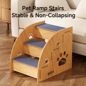Three-tier wooden pet stairs with non-slip blue pads and hollow paw patterns for dogs