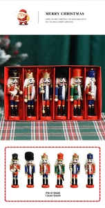 Set of six 13cm wooden Nutcracker soldier ornaments with festive drumming and sword poses