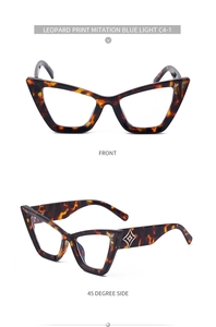 Dettaglio degli occhiali cat-eye leopardati con lenti anti luce blu e decoro a stella
