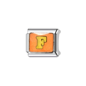 Maillon de bracelet modulaire en acier avec la lettre F jaune sur fond orange vif