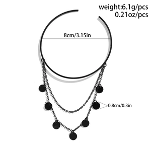 Detail showing black multilayer choker with round sequins and dimension specifications