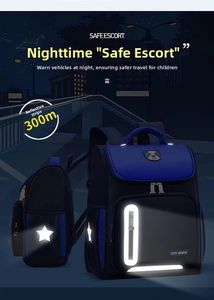 Close-up of high-visibility reflective strips on dark blue ergonomic school backpack