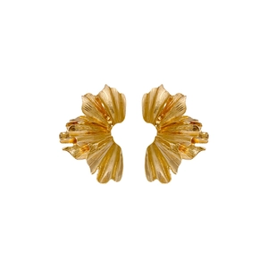 Modern golden pleated petal stud earrings with a fan-shaped metallic textured design