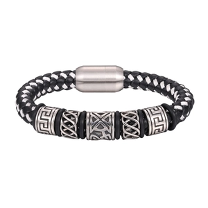 Bracelet pour homme en cuir tressé noir et blanc avec fermoir magnétique en métal
