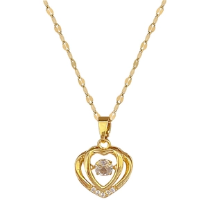 Elegant gold double heart necklace with sparkling crystals and central zircon on white backdrop