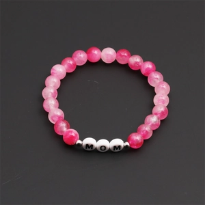 Pink natural stone bead bracelet with white MOM letter charms for Mother's Day gift