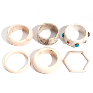 6-piece minimalist resin bangle set with marble patterns and colorful gemstones