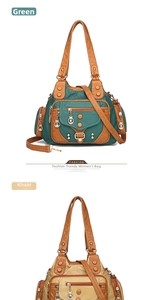 Detail of vintage contrast faux leather bags with multi-pockets and decorative rivets