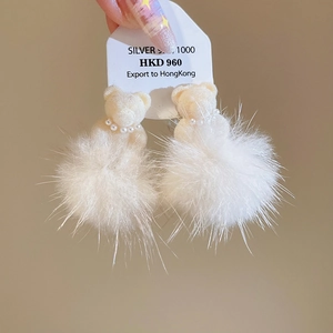 Detailed view of white flocked bear earrings with S925 silver needles and pearl charms
