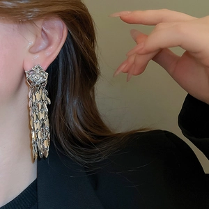 Detailed macro shot of long silver tassel earrings with delicate rose and leaf metal motifs