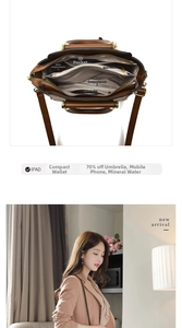 Brown leather handbag interior showing large capacity for iPad, umbrella, and daily items