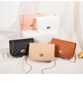Quilted flap shoulder bags in five colors with metal chain straps and C-logo buckles