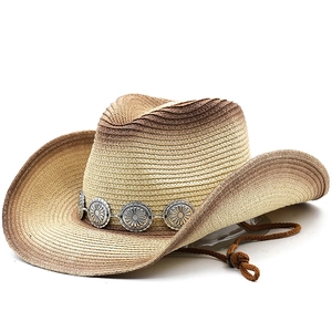 Western Cowboy Strohhut Farbverlauf Papierstroh Breite Krempe Metall Conchos Sonnenschutz Atmungsaktive Outdoor Reise Sonnenhut