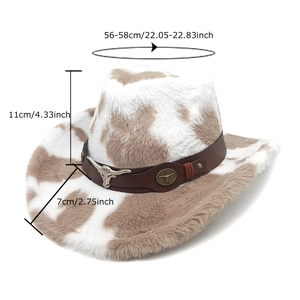 Cow pattern faux fur western cowboy hat with metal bull head ornament and wide brim