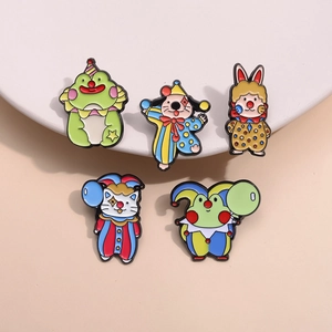 Five-piece cartoon circus clown frog and animal alloy brooch set with colorful enamel finish