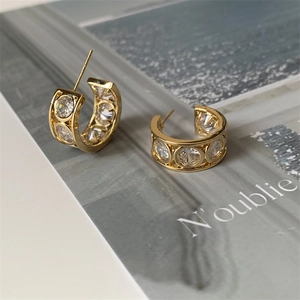 French vintage gold C-shape hoop earrings with pave-set zircon crystals for women