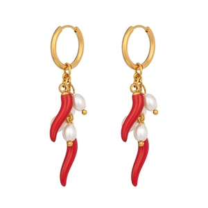 Gold hoop earrings featuring red chili pepper charms and white freshwater pearls
