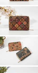 Variety of cork wallets with floral and vintage prints featuring golden zippers