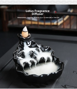 Detailed view of ceramic lotus leaf backflow incense burner with flowing smoke