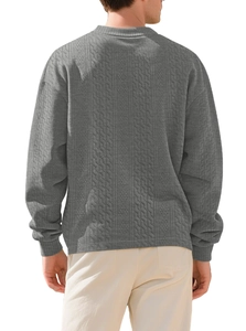 Macro detail of men's grey knitted sweatshirt showing back vertical jacquard texture