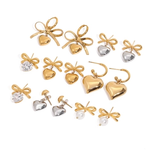 Collection of stainless steel bow and heart earrings with zircon and pearl accents