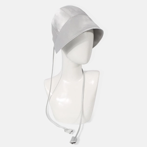 Silver silk sun hat with long adjustable ribbons for UV protection in minimalist style