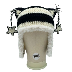 Handmade striped crochet cat ear hat with star pendants and faux fur trim