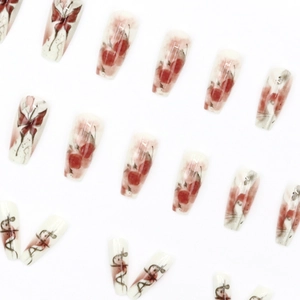 Long ink painting style press-on nails with red butterfly and floral watercolor designs