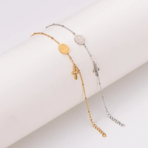 Vintage stainless steel cross and St. Benedict medal bracelet in gold and silver