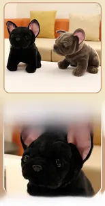 Close-up of realistic French Bulldog plush toy facial expressions and soft fabric texture