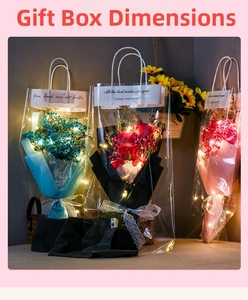 Close-up of bouquet gift bag with LED lights, dried flowers and greeting card