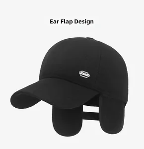 Detail view of the black baseball cap showing the fold-down warm ear protection flaps