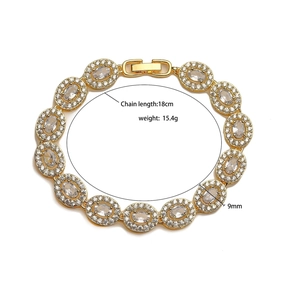 Detail of 18cm gold iced out bracelet showing dimensions of 9mm links and 15.4g weight