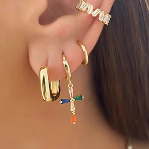 S925 silver needle cross hoop earrings set with colorful crystals and gold ear cuffs