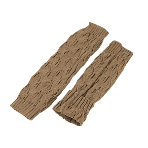 Brown cable knit leg warmers with ribbed cuffs, stylish crochet leaf pattern design