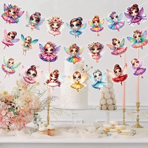 Fairy themed Happy Birthday banner with colorful cartoon forest spirits party decorations