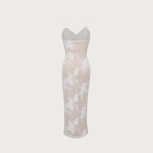 Slim-fit sequined evening gown with floral embroidery and sexy backless slit
