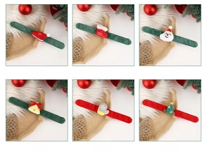 Detailed grid view of six plush Christmas slap bracelets with festive holiday patterns
