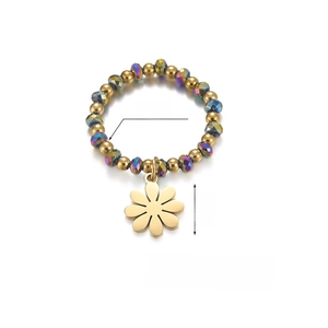 Detail of elastic beaded daisy ring with gold beads, crystal accents and 1cm flower charm