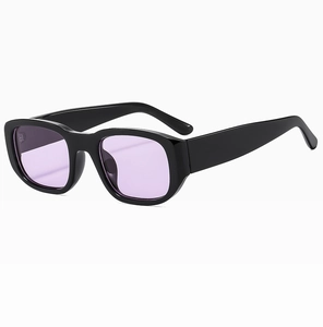 Detail view of small rectangular sunglasses with black frame and purple lenses