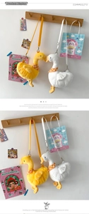 Detailed plush goose crossbody bag with plaid scarf in white and yellow colors