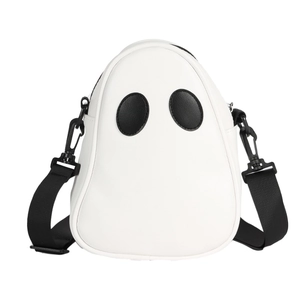 Quirky ghost-shaped white PU leather crossbody bag with black adjustable strap for women