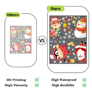 Macro detail of high-quality waterproof PVC Christmas stickers showing Santa and Reindeer