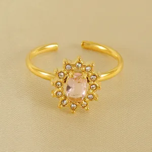 Adjustable Ring 18K Gold Plated Stainless Steel Sunflower Zircon Oval Gemstone Vintage Elegant Jewelry For Women