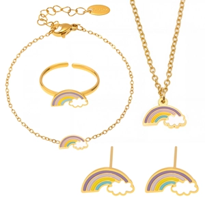 Parure bijoux nuage arc-en-ciel avec collier, bracelet, boucles et bague réglable en or